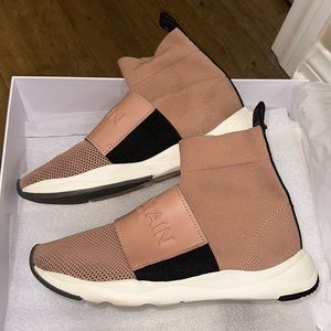 Balmain Pink Sock-Style Knit Sneakers with Black and White Accents